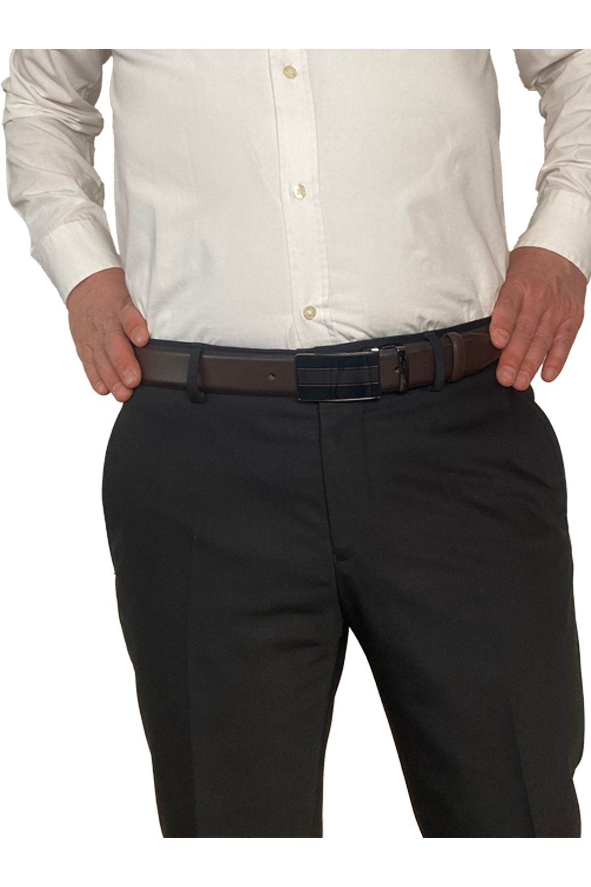 GoDeri-100% Genuine Leather, COVERED BUCKLE, Dark Brown Classic, Fabric Trouser Belt 3.5 Cm_black2_cockyard 3