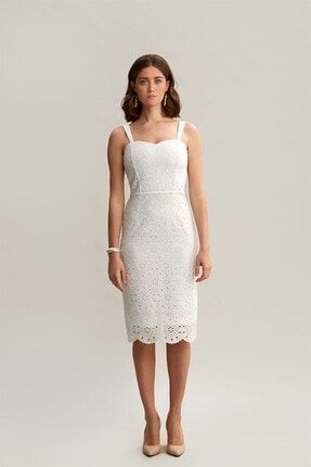 Kadın Beyaz Askılı Dar Kesim Saf Pamuk Brode Elbise Barbara Dress LN21154.250