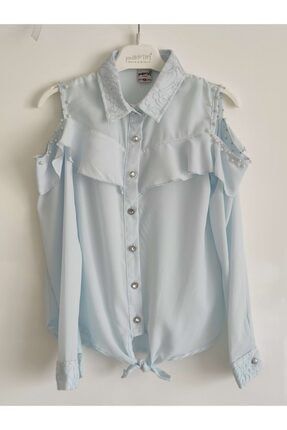 Kız Çocuk Düşük Kol Incili Gömlek Yaka Bluz 262