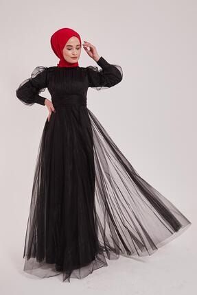 Kadın Siyah Omuzları Çiçekli Uzun Tül Elbise Arn-38819