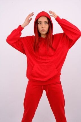 Kadın Kırmızı Oversize Kapşonlu Compack Eşofman Takımı PAPARA-4609