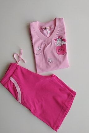 Kız Çocuk Pembe Sıfır Kol Şortlu Pamuklu Desenli Yazlık Pijama Takımı 22305