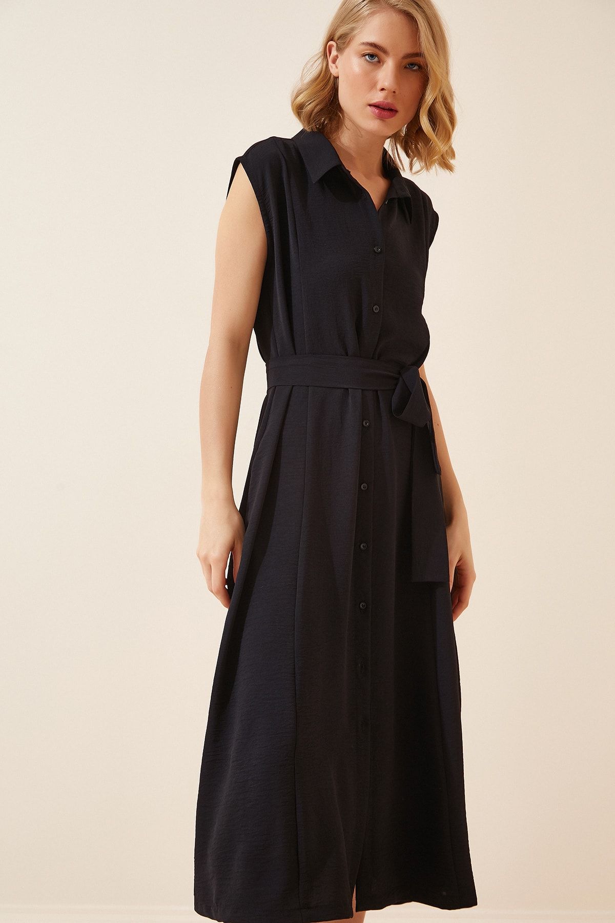 Happiness stanbul Women s Black Belted Linen Viscose Summer Shirt