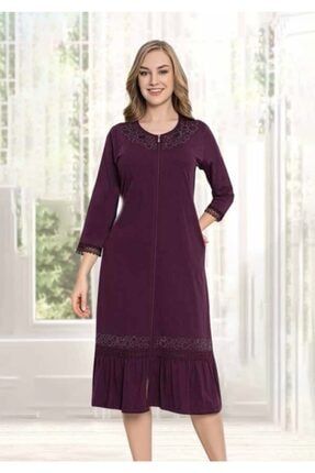 Önü Fermuarlı Yaka Kol Ve Etek Ucu Dantel Detaylı Midi Mor Renk Bayan Elbise 9727