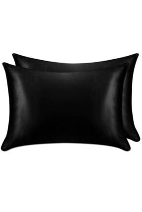 %100 Ipek Pamuklu Saten Yastık Kılıfı Siyah Renk 2 Adet 50x70cm siyahy2