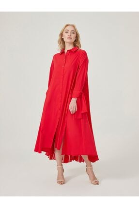 Kadın Kırmızı Kol Detaylı Düğmeli Elbise 4019
