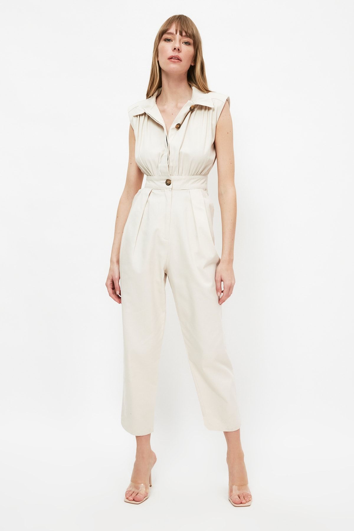Trendyol Collection Stone Shirt Collar Maxi Woven Jumpsuit