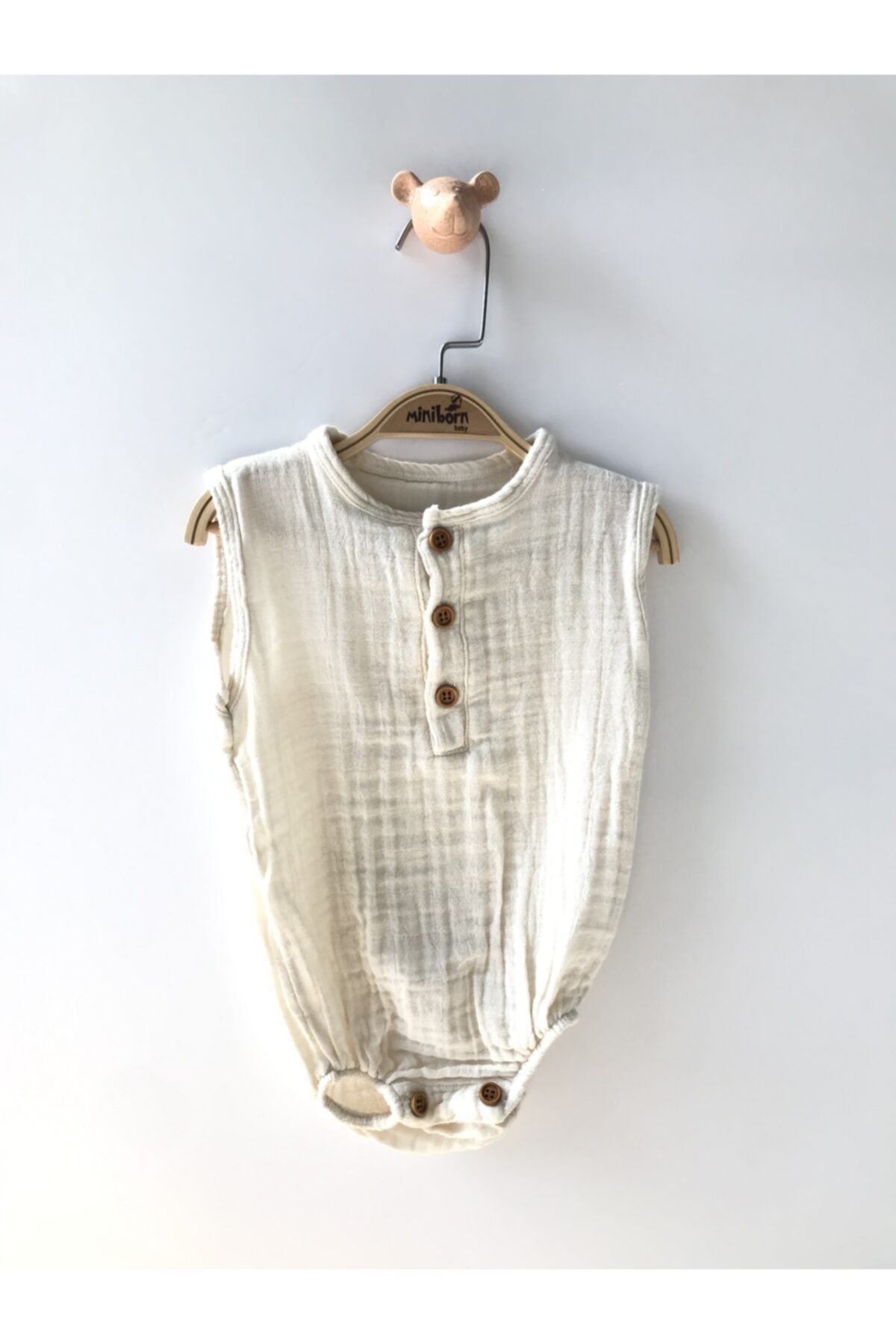 MİNİBORN Unisex Bebek Ekru Mamaluna Organik Çıtçıtlı Body