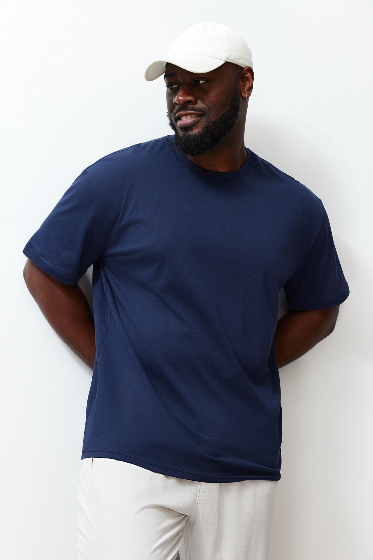 Trendyol Collection-Plus Size Navy Oversize/Wide Cut Back Lettering Printed 100% Cotton T-Shirt Tmnss24Bf00038 2