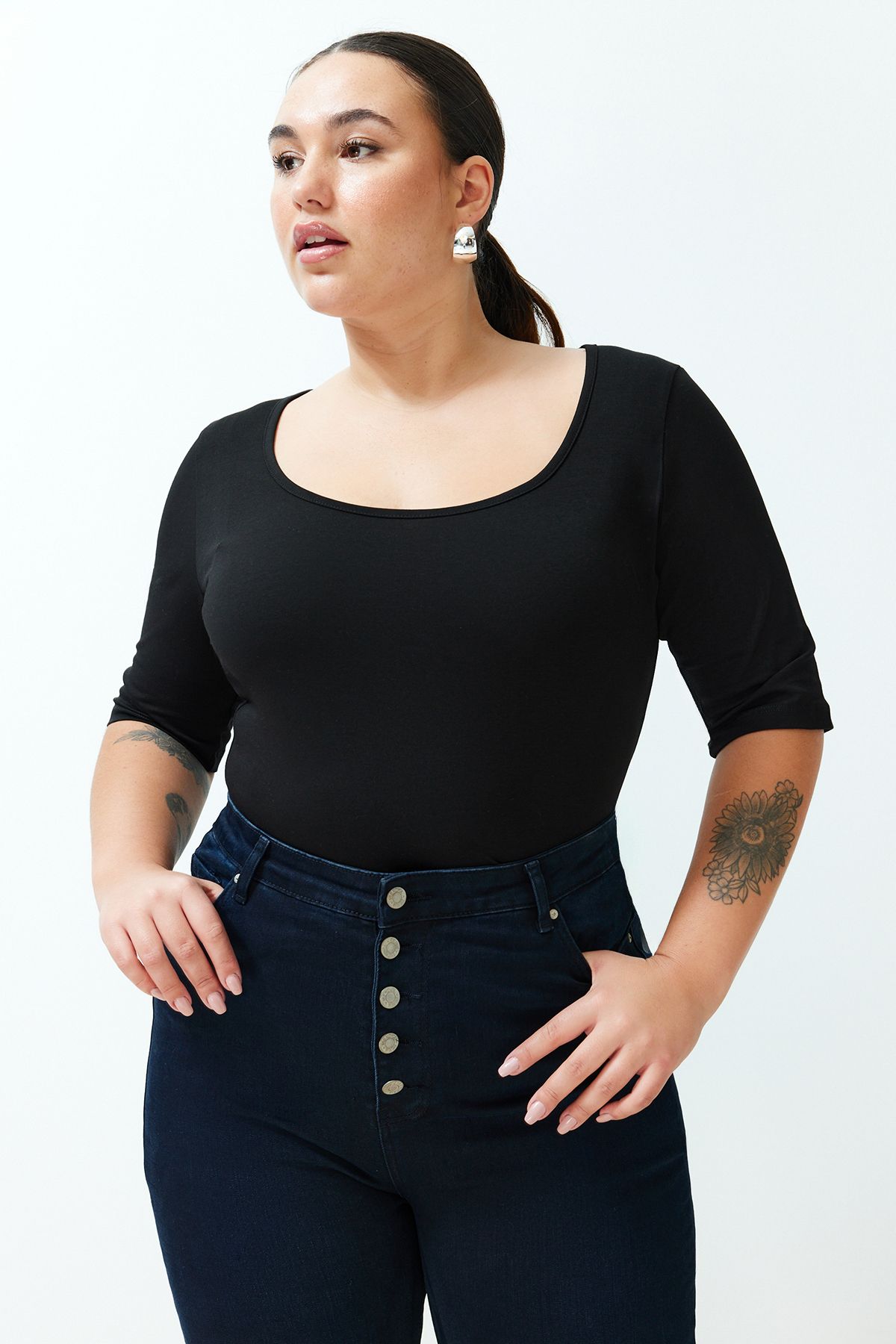 Trendyol Curve Czarna Bluzka Dzianinowa 100% Bawełny - Kobieta - 3XL