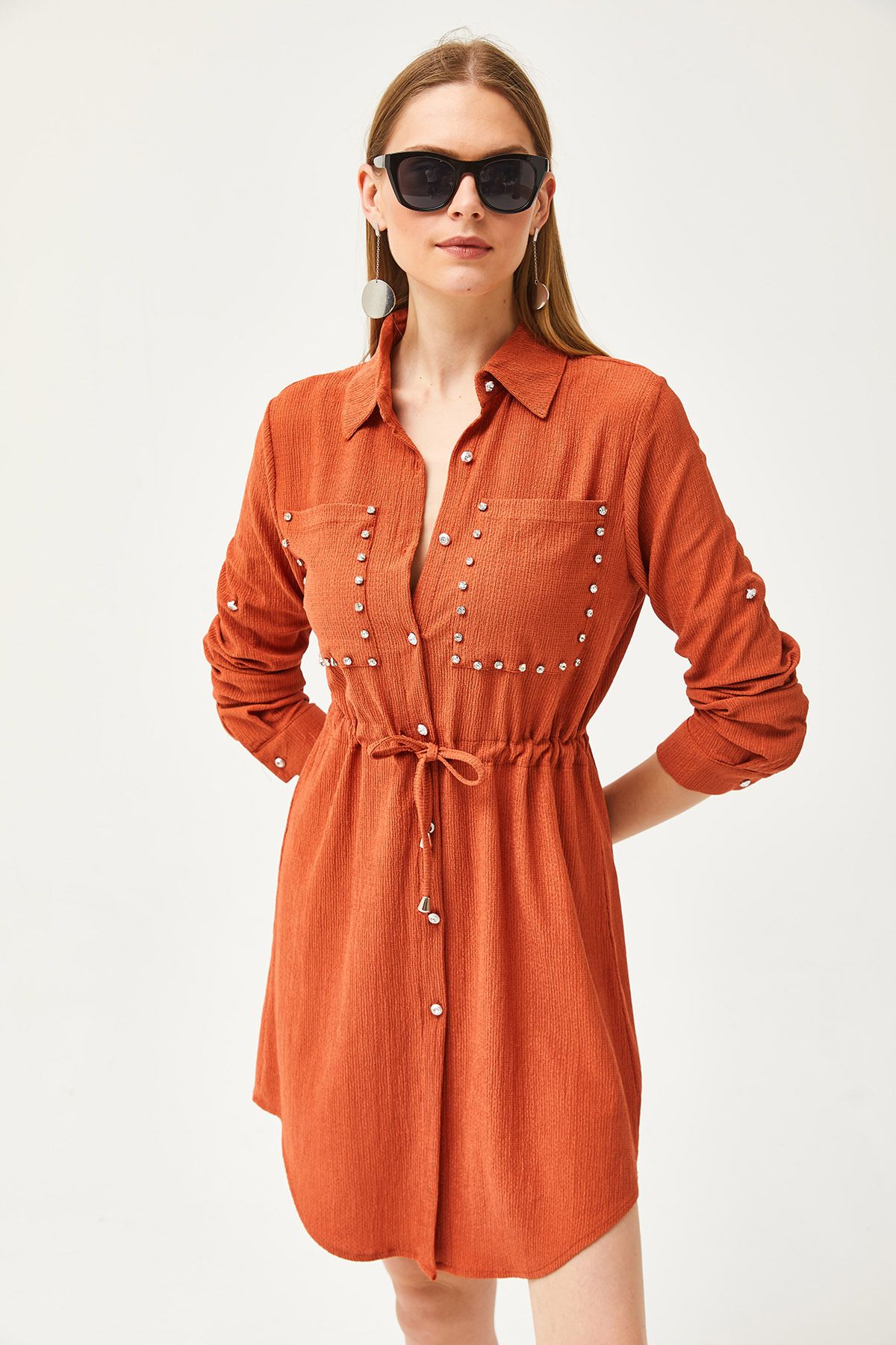 Olalook-Women's Tile Pocket Waist Lace-up Stone Detailed Shirt Dress ELB-19002064 5