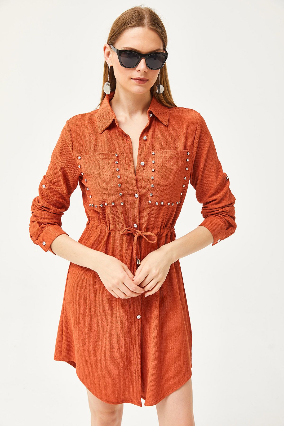 Olalook-Women's Tile Pocket Waist Lace-up Stone Detailed Shirt Dress ELB-19002064 4