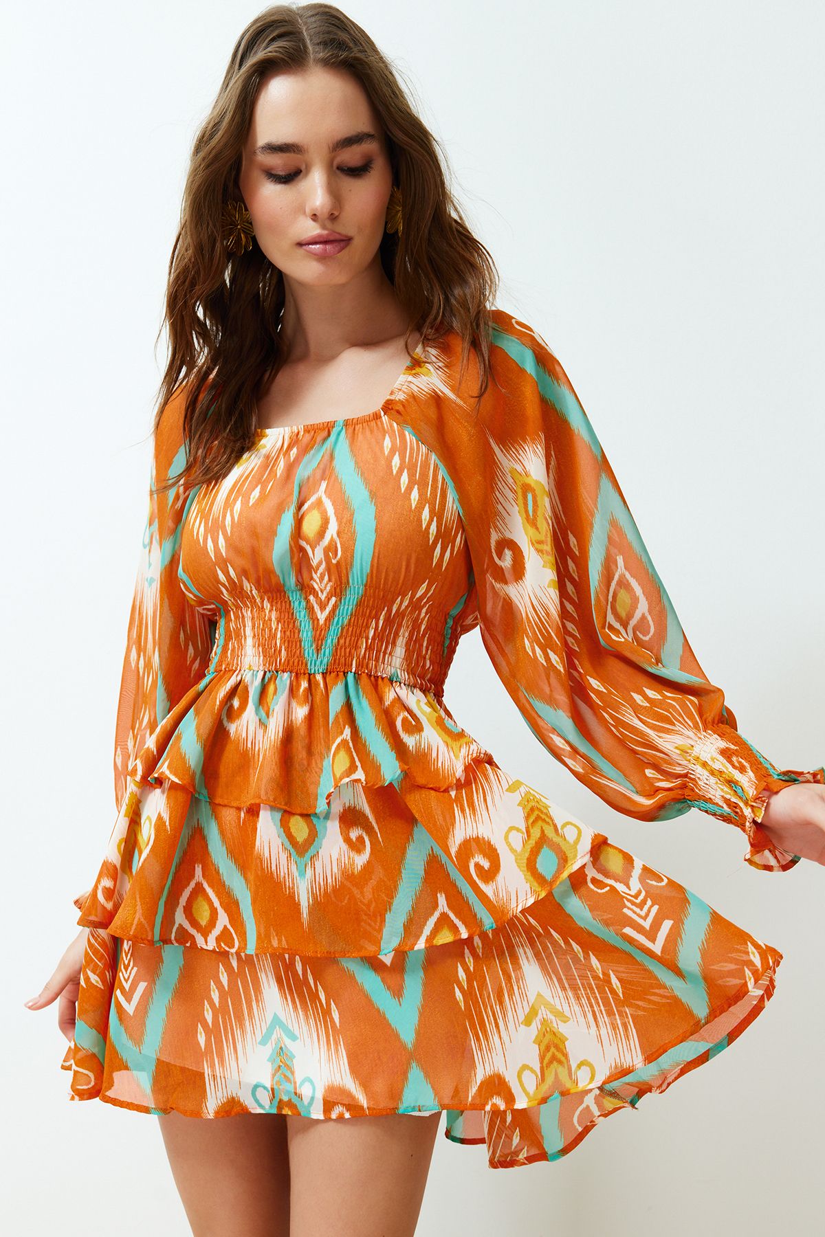 Trendyol Collection-Orange Floral Skater Mini Dress Carmen Collar Chiffon Lined 3