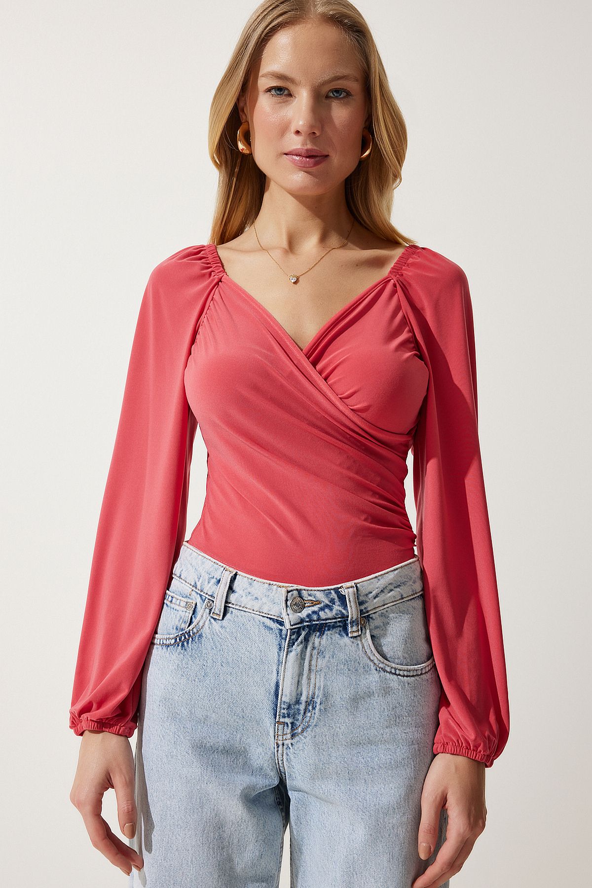 Happiness İstanbul-Hellrosa elastische Ballonärmel-Sandy-Strickbluse für Damen FF00154 2