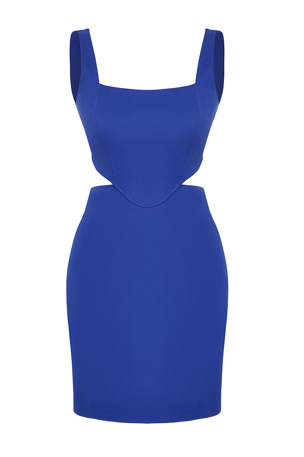 Trendyol Collection-Blaues A-Cut Mini-Baumwoll-Gewebekleid mit Fenster/Cut-Out-Details und quadratischem Kragen TWOSS23EL00596 7