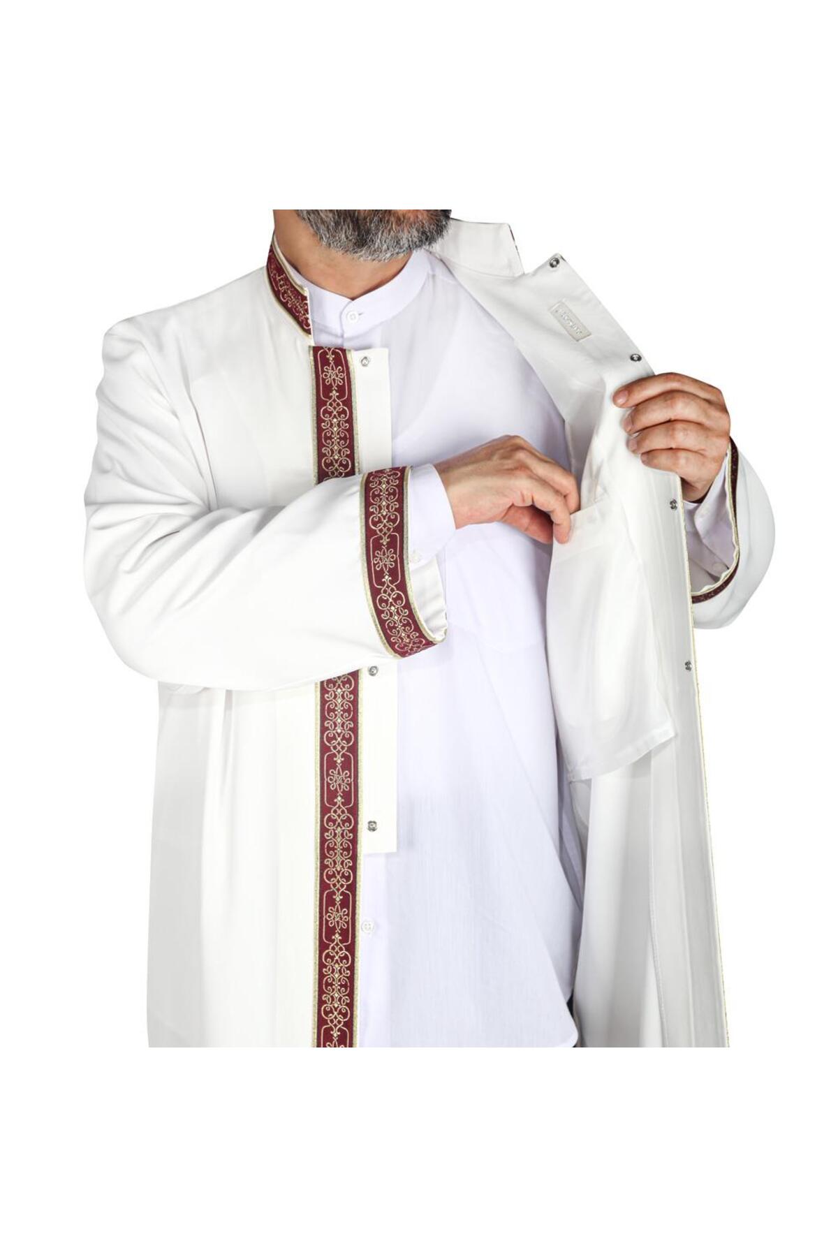 Akıncı Tekstil İmam Cübbesi Kemik Rengi - Bordo Biyeli Bordürlü