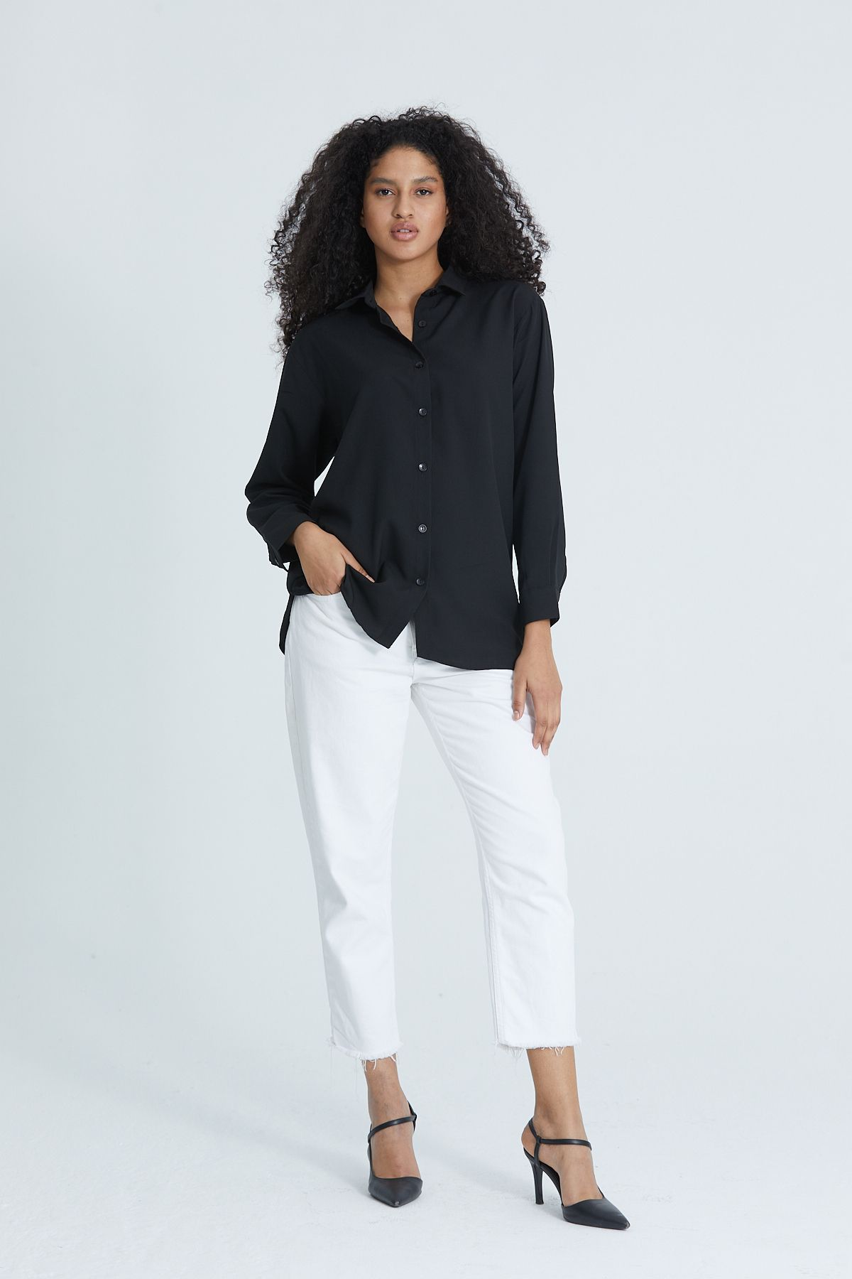 DEFES-Women's Black Shirt Collar Long Sleeve Basic Oversize Shirt 3
