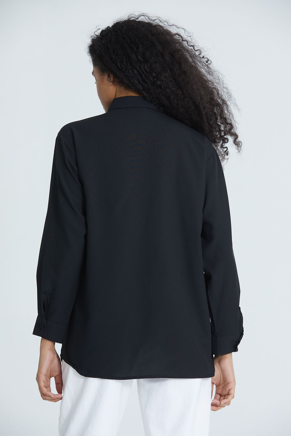 DEFES-Women's Black Shirt Collar Long Sleeve Basic Oversize Shirt 6