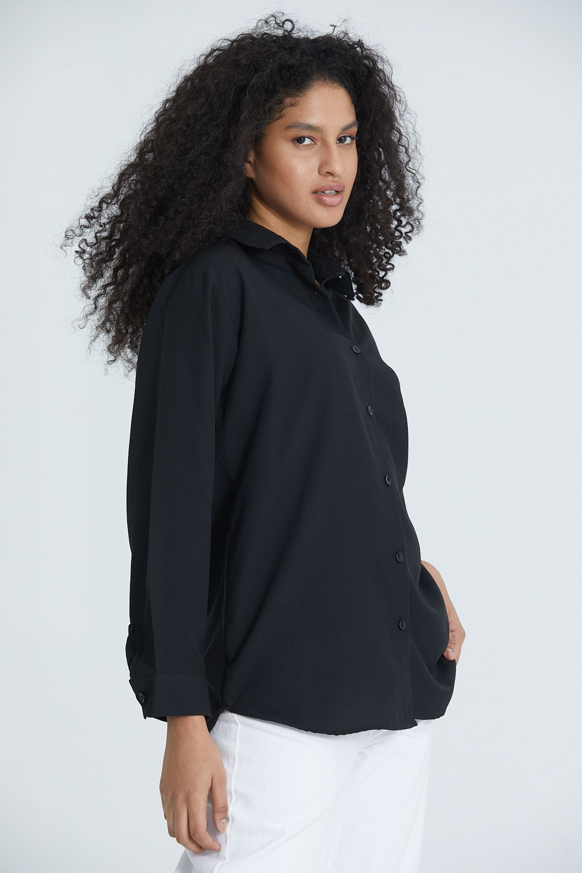 DEFES-Women's Black Shirt Collar Long Sleeve Basic Oversize Shirt 2