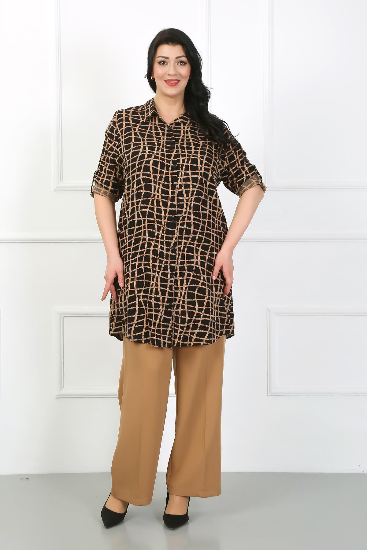 By Alba Collection Kadın Taba Çizgili Pamuk Viskon Büyük Beden Tunik