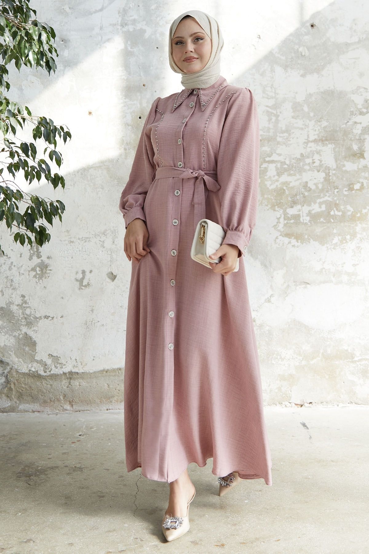InStyle-Beaded Buttoned Linen Dress - Powder 5