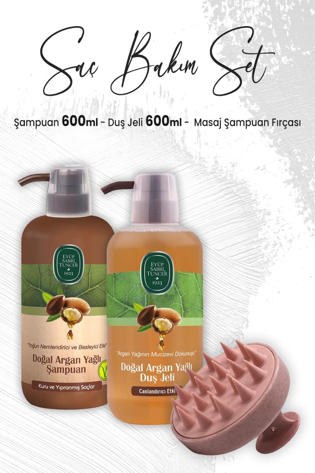 Argan Yağlı Duş Jeli 600 Ml, Şampuan 600 ml Ve Masaj Şampuan Fırçası Pembe