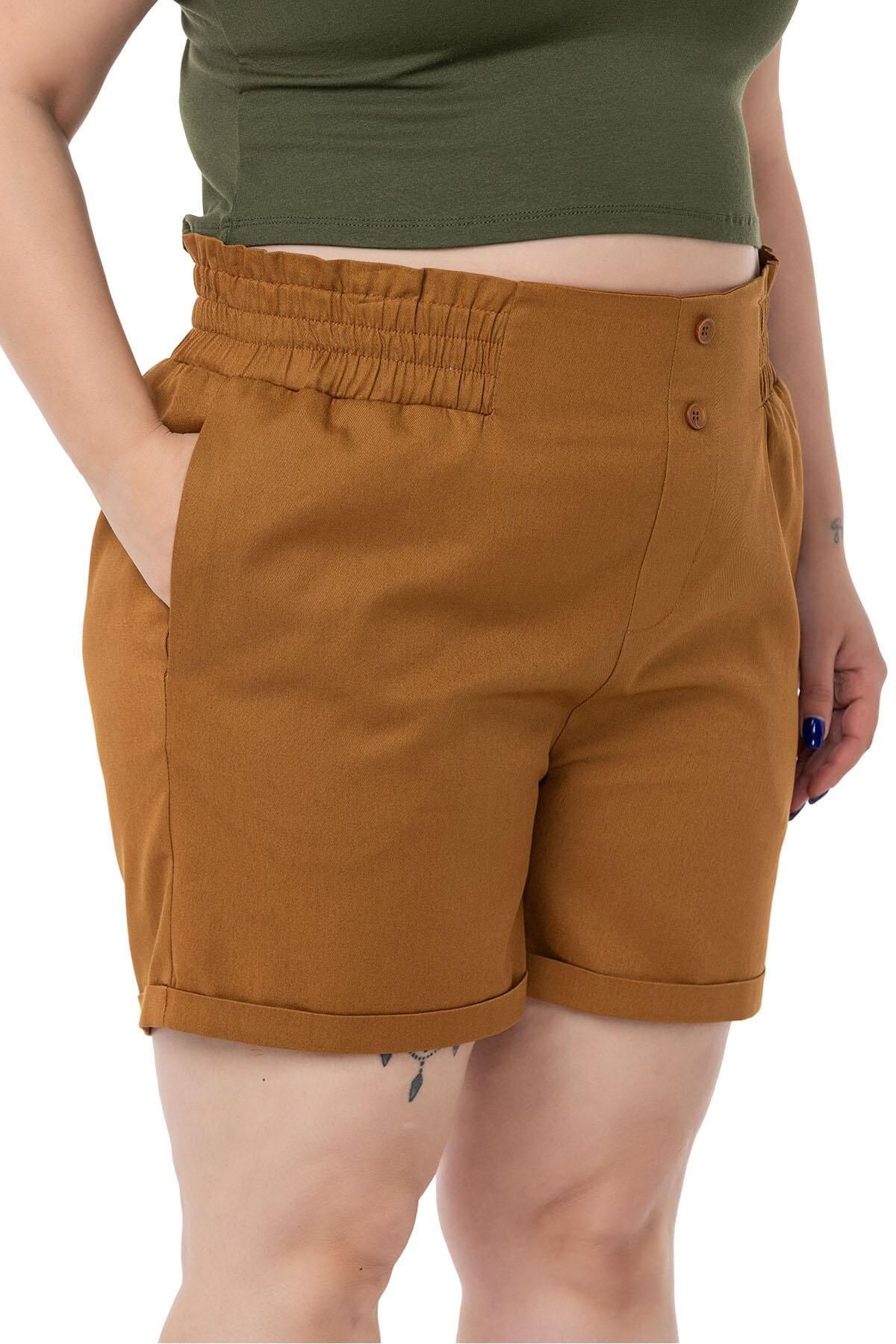 DISENTIS MODEST-Plus Size Gabardine Cinnamon Shorts with Elastic Waist Side and Back and Fold Detail 4