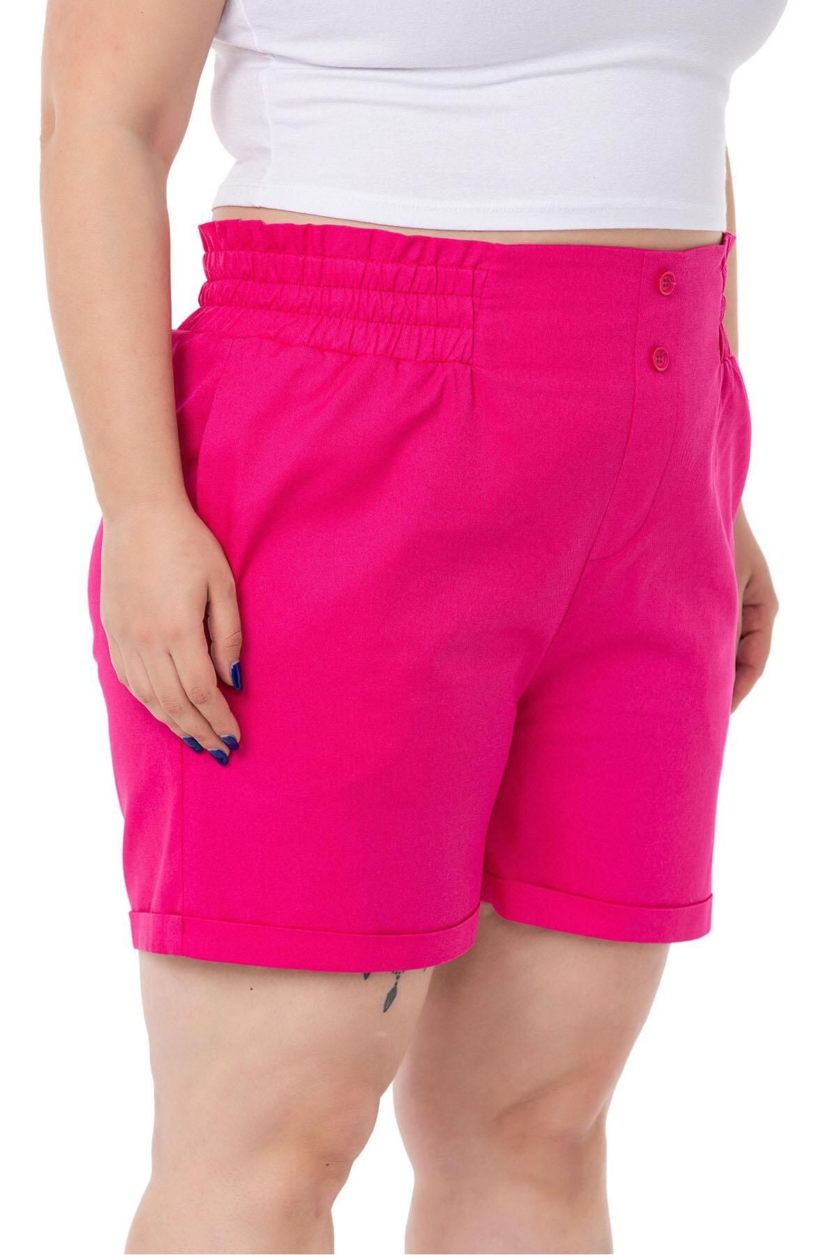 DISENTIS MODEST-Plus Size Gabardine Fuchsia Shorts with Elastic Waist, Side and Back and Fold Detail 4
