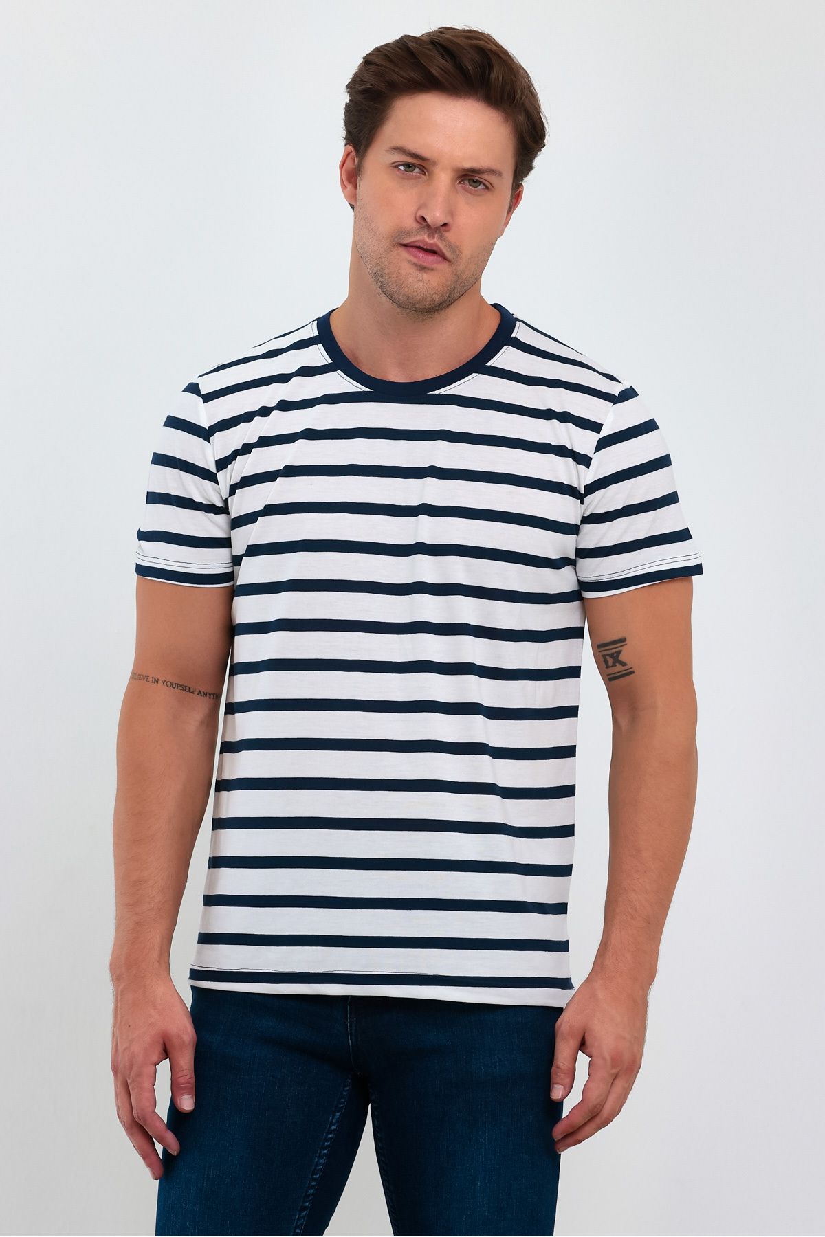 COMBİNE MİCHAİL-Tricou cu dungi cu mânecă scurtă pentru bărbați, albastru bleumarin 2