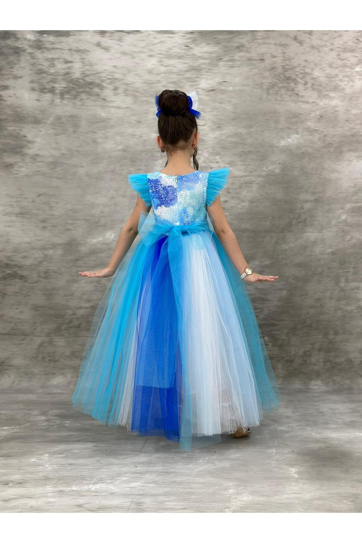 Mashotrend-Floor-Length Sequined Frozen Elsa Costume - Frozen Dress - Blue Dress Girls Evening Dress 4