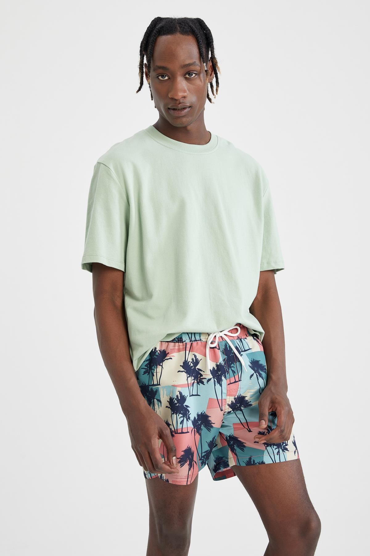 DeFacto-Above Knee Palm Tree Patterned Swim Shorts 5