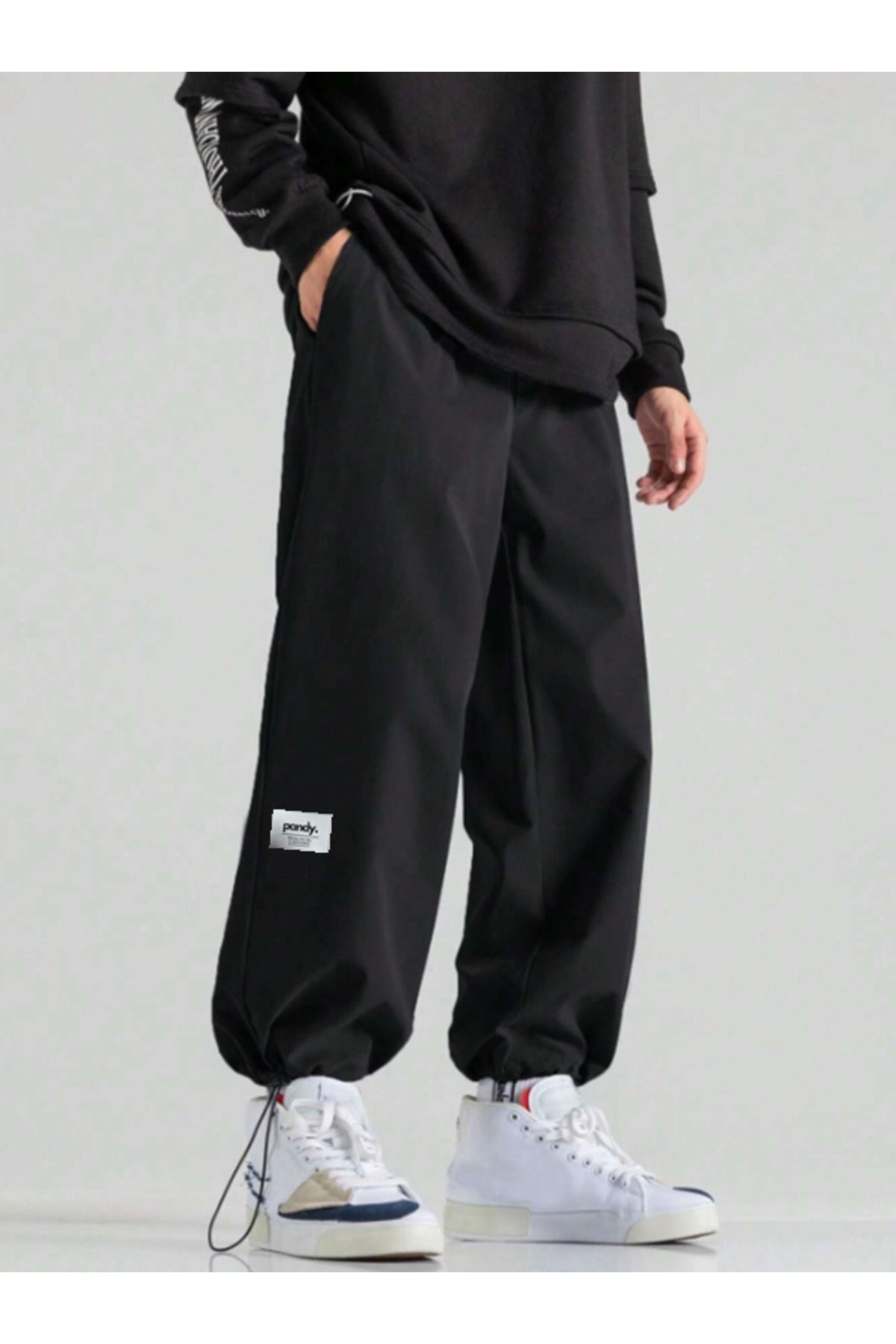 2'li Siyah - Bej Erkek Ayarlanabilir Paça Oversize Kalıp Eşofman Pants