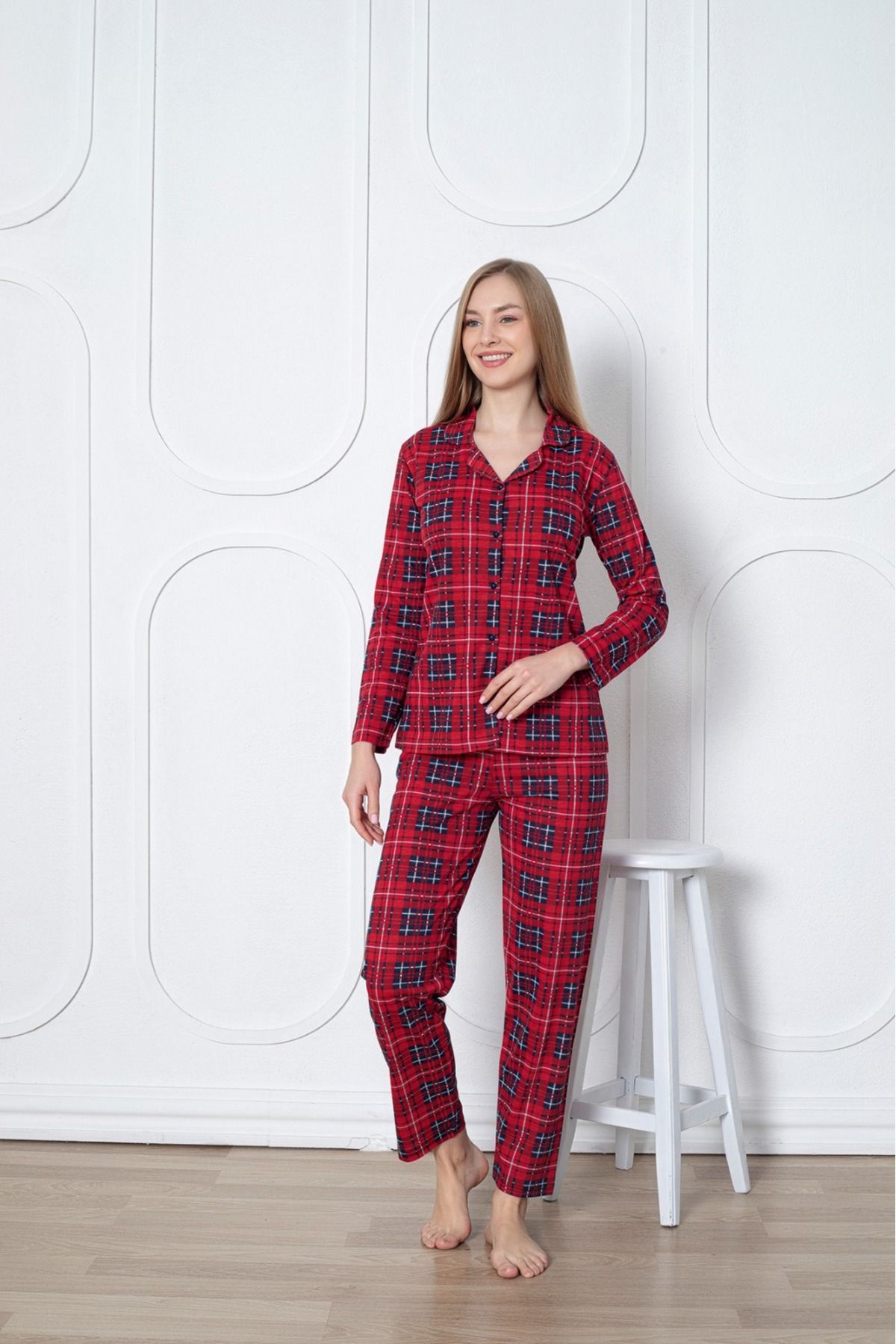 Asel-Plaid Patterned Women's Pajama Set - Neck Buttoned 1