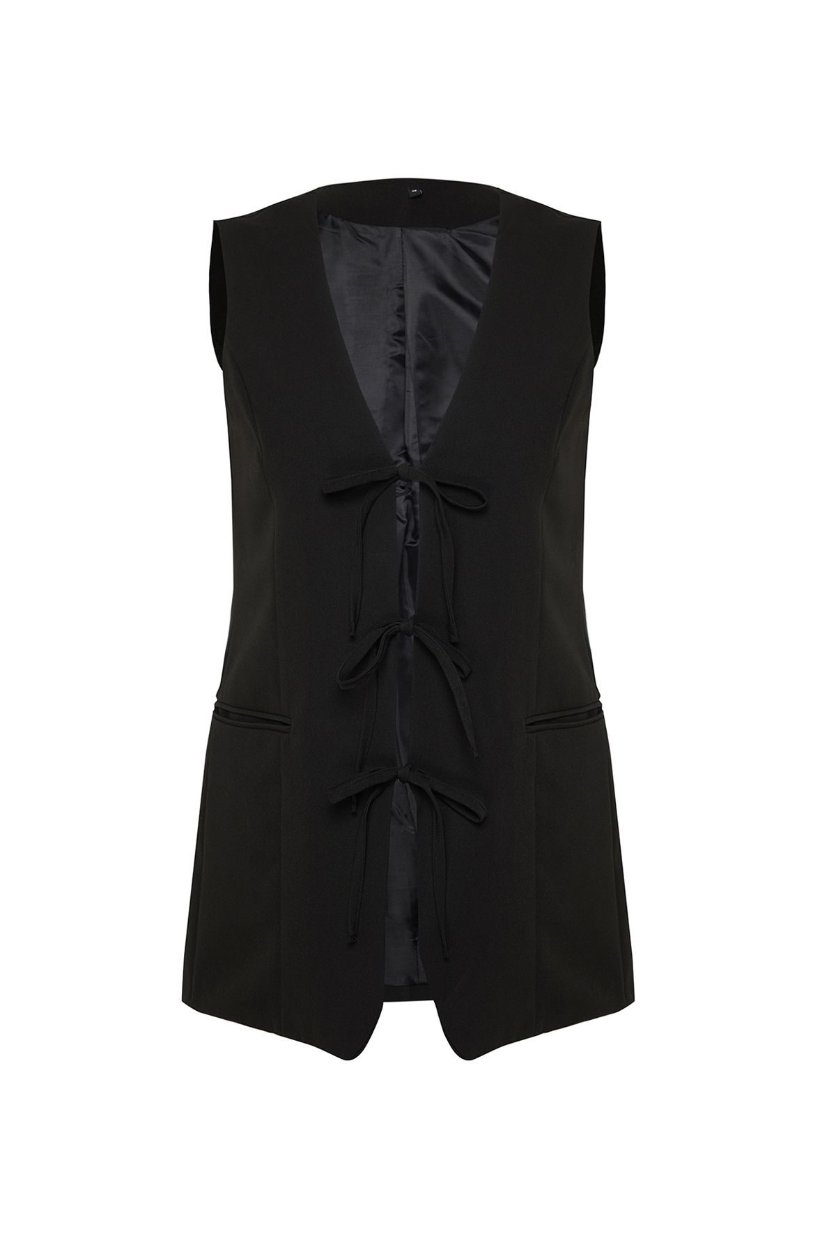 Trendyol Modest-Schwarze gewebte Weste mit Bindeverschluss vorne TCTSS24YL00003 7