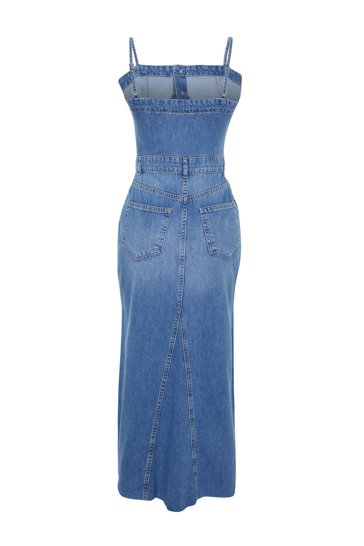Trendyol Collection-Rochie maxi din denim cu bretele cu cusături cu fante albastre TWOSS24EL00544 8