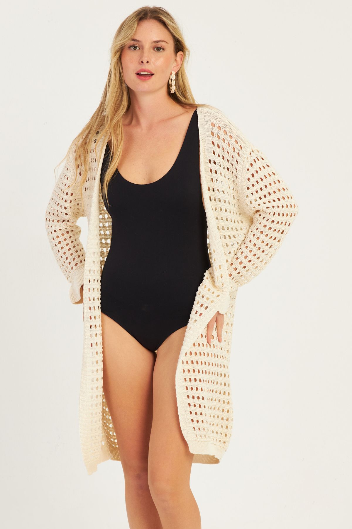 Cool & Sexy-Dámský ecru zakřivený pletený cardigan ZU608 2