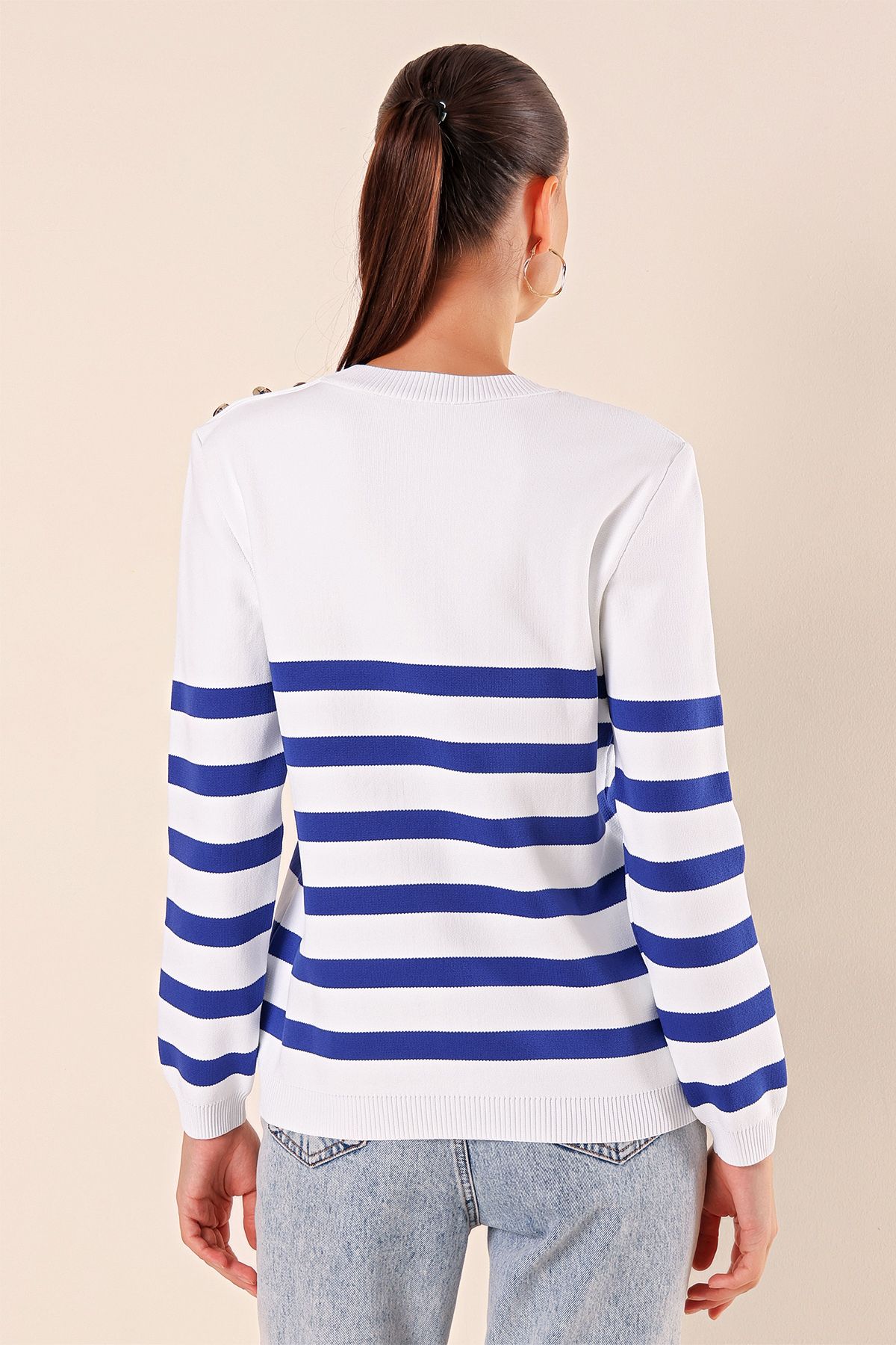 Bigdart-15820 Gestreifter Pullover mit Knopfdetail - C.Saks 5