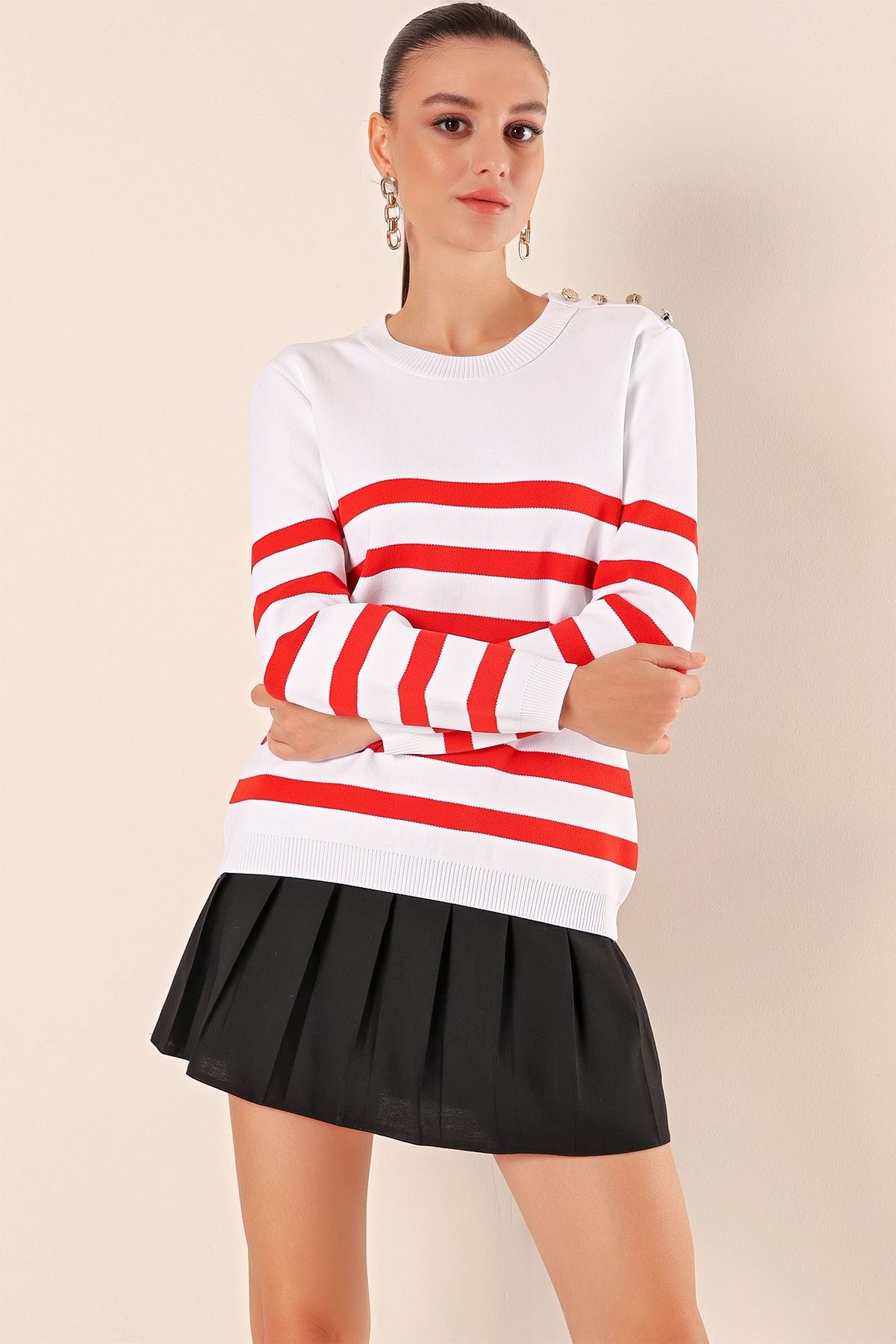 Bigdart-15820 Button Detail Striped Sweater - C.red 4