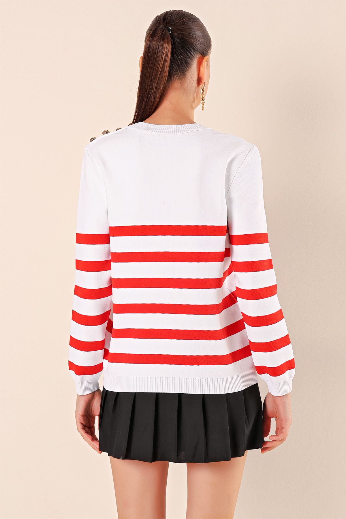 Bigdart-15820 Button Detail Striped Sweater - C.red 6