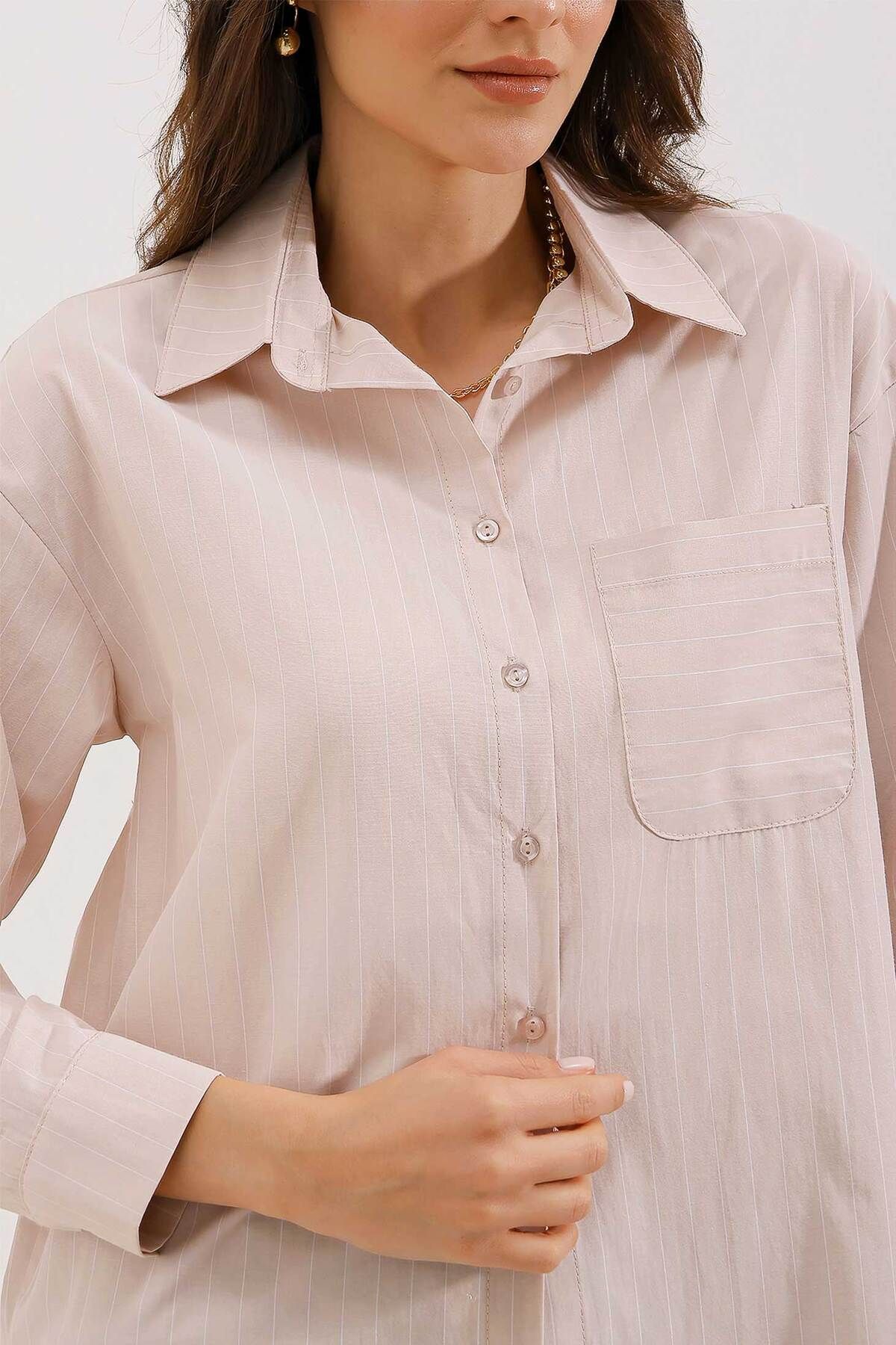 Bigdart-20217 Gestreiftes Oversize-Hemd mit Taschendetail - Beige 4