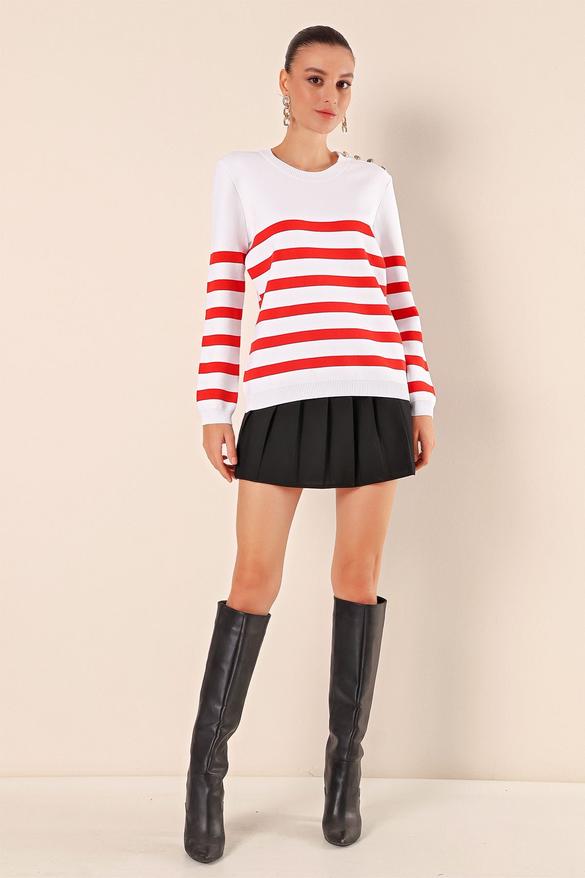 Bigdart-15820 Button Detail Striped Sweater - C.red 3