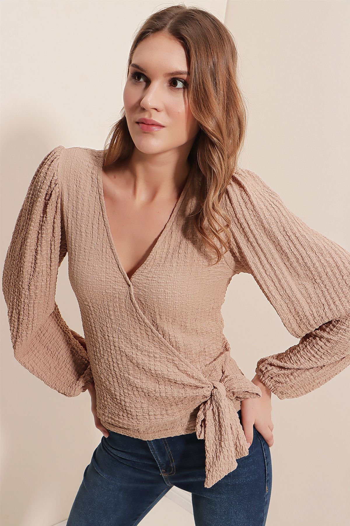 Bigdart-0441 Wrap Knitted Blouse - Beige 2