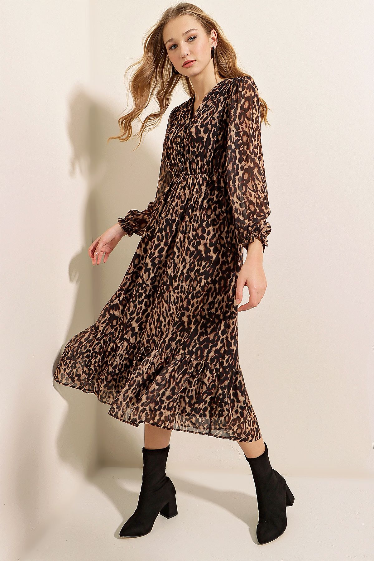 Bigdart-2137 Patterned Chiffon Dress - C. Brown 5