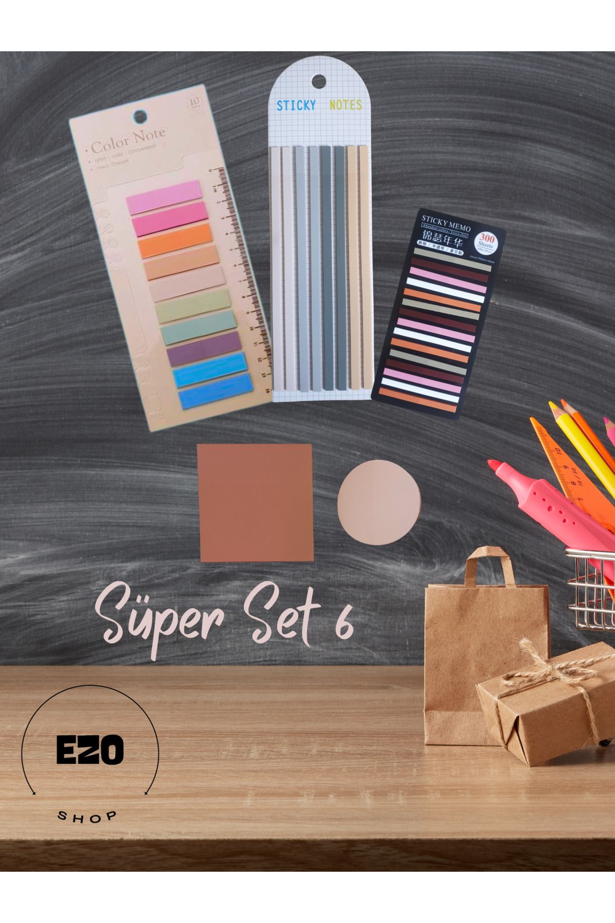 EZOSHOP Set De 5 Postit Bandă Lungă, Scurtă, Cerc Pătrat, Adeziv Transparent, Hârtie De Notițe, Papetărie Post It Superset-6 - One Size