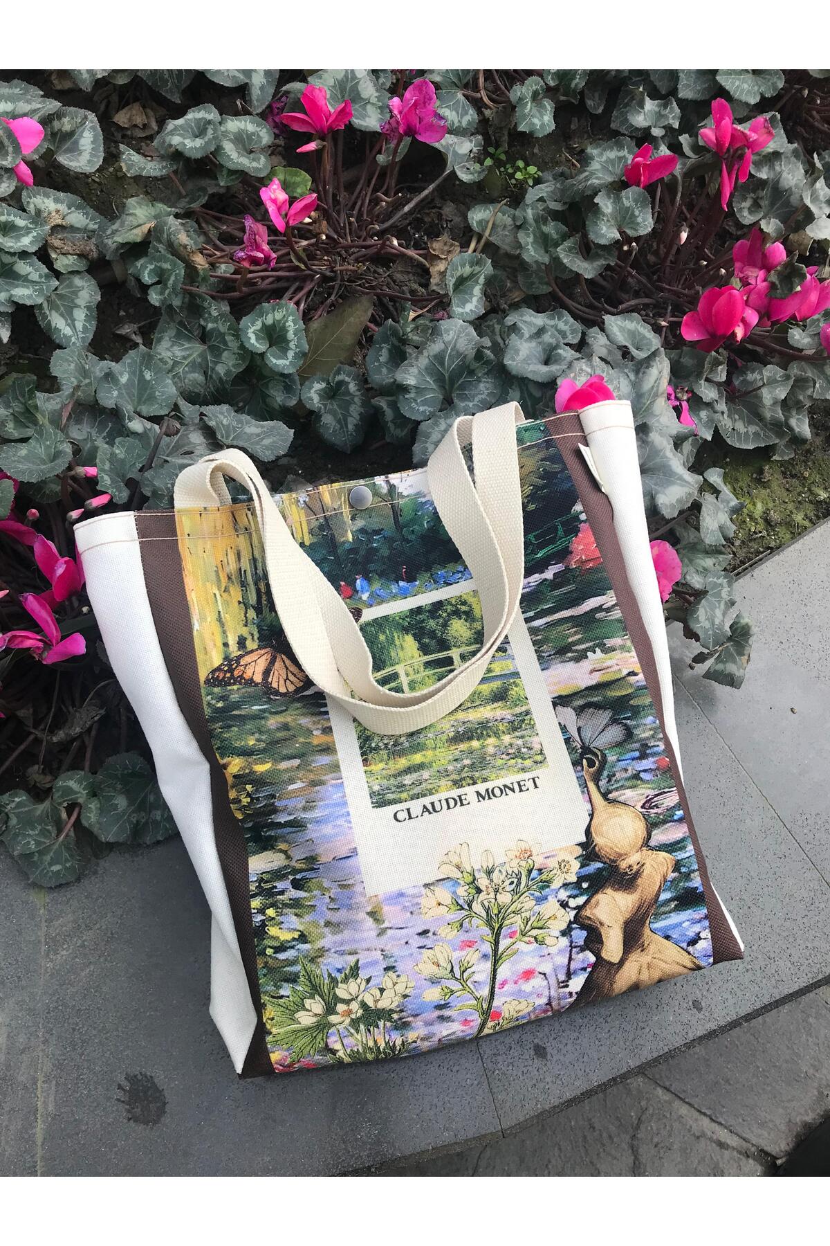 pamukcanta Claude Monet Bez Çanta Yıkanabilir Metal Çıtçıtlı Kanvas Kumaş görsel 4