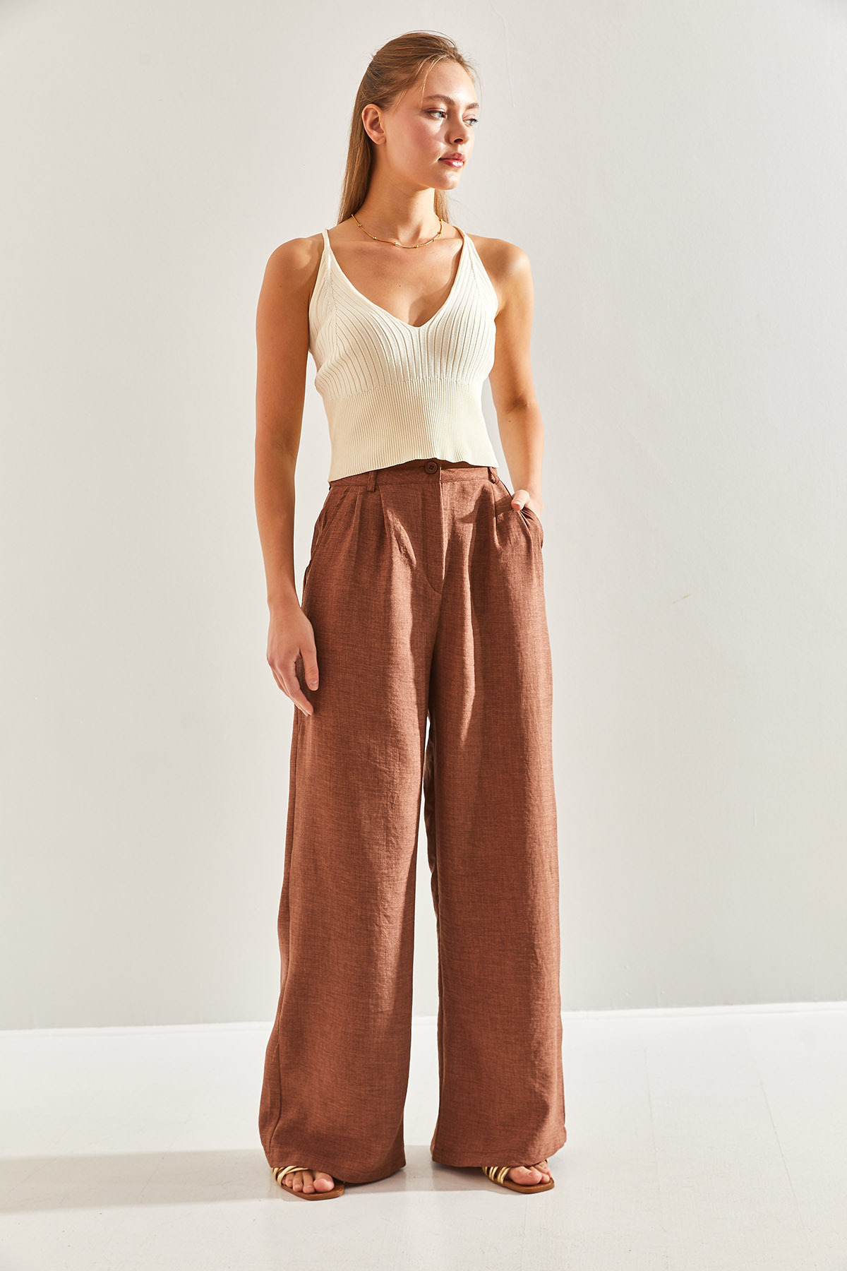 Bianco Lucci-Women's Linen Viscose Palazzo Trousers60171019 6