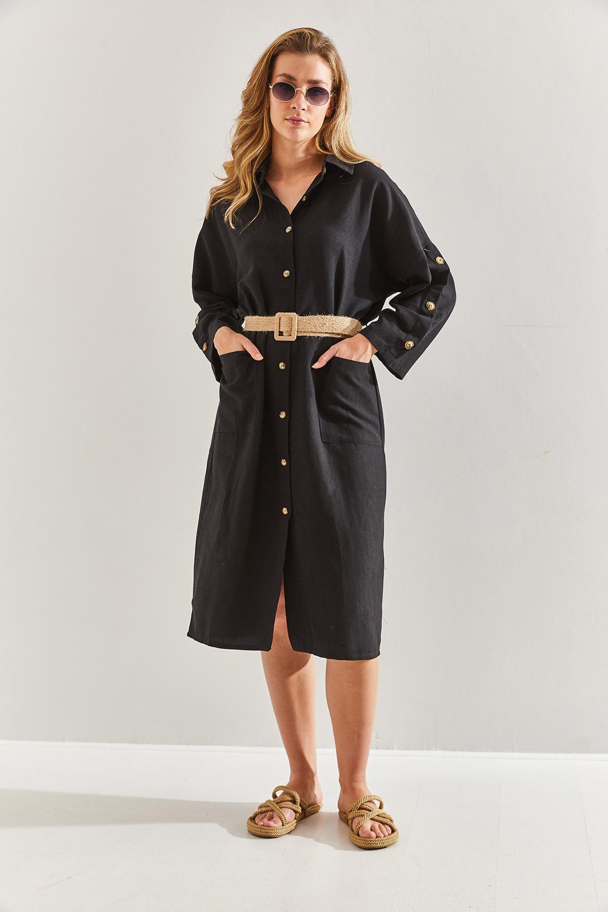 Bianco Lucci-Linen Shirt Dress - Straw Belt, Women's,60171014 4