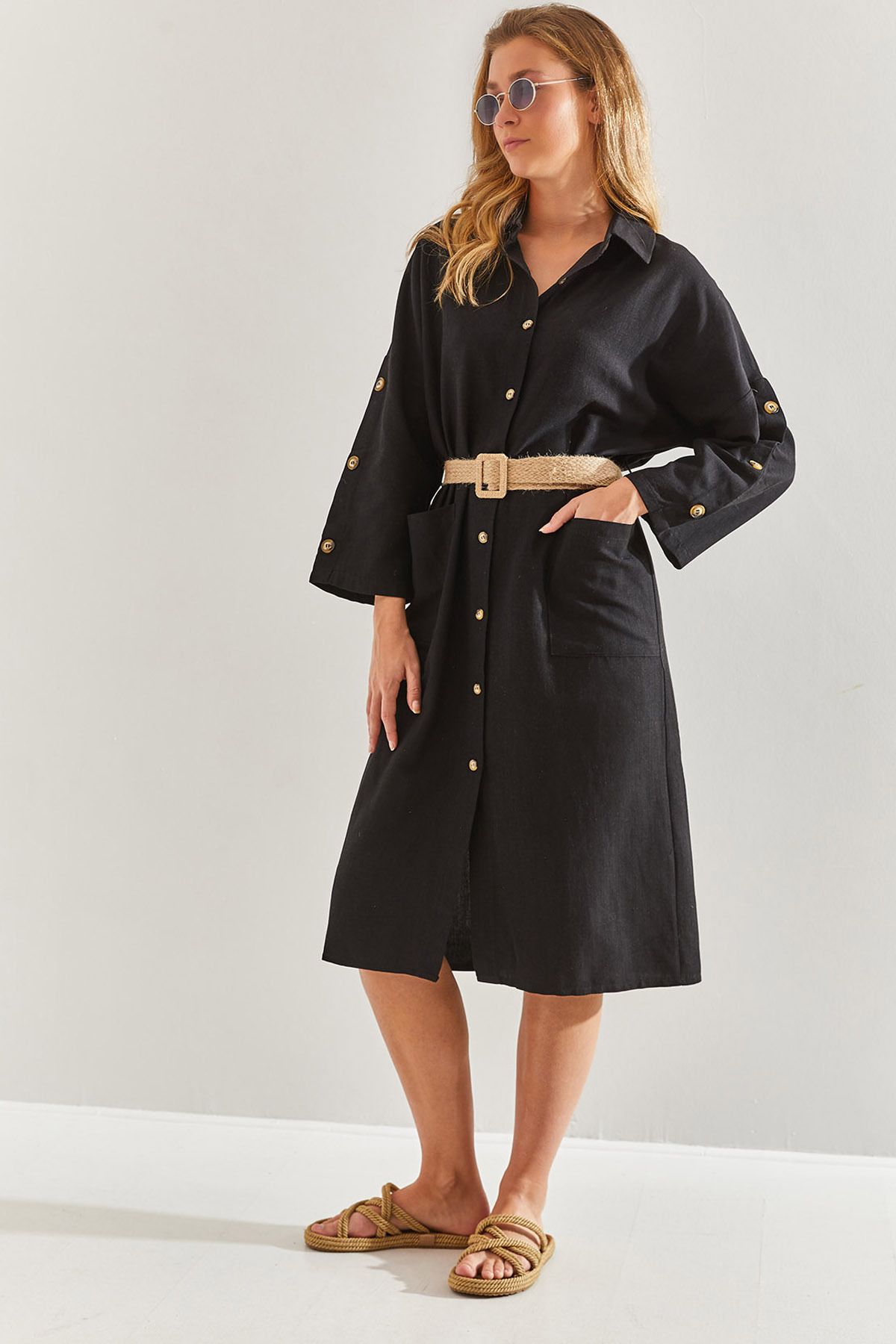 Bianco Lucci-Linen Shirt Dress - Straw Belt, Women's,60171014 1
