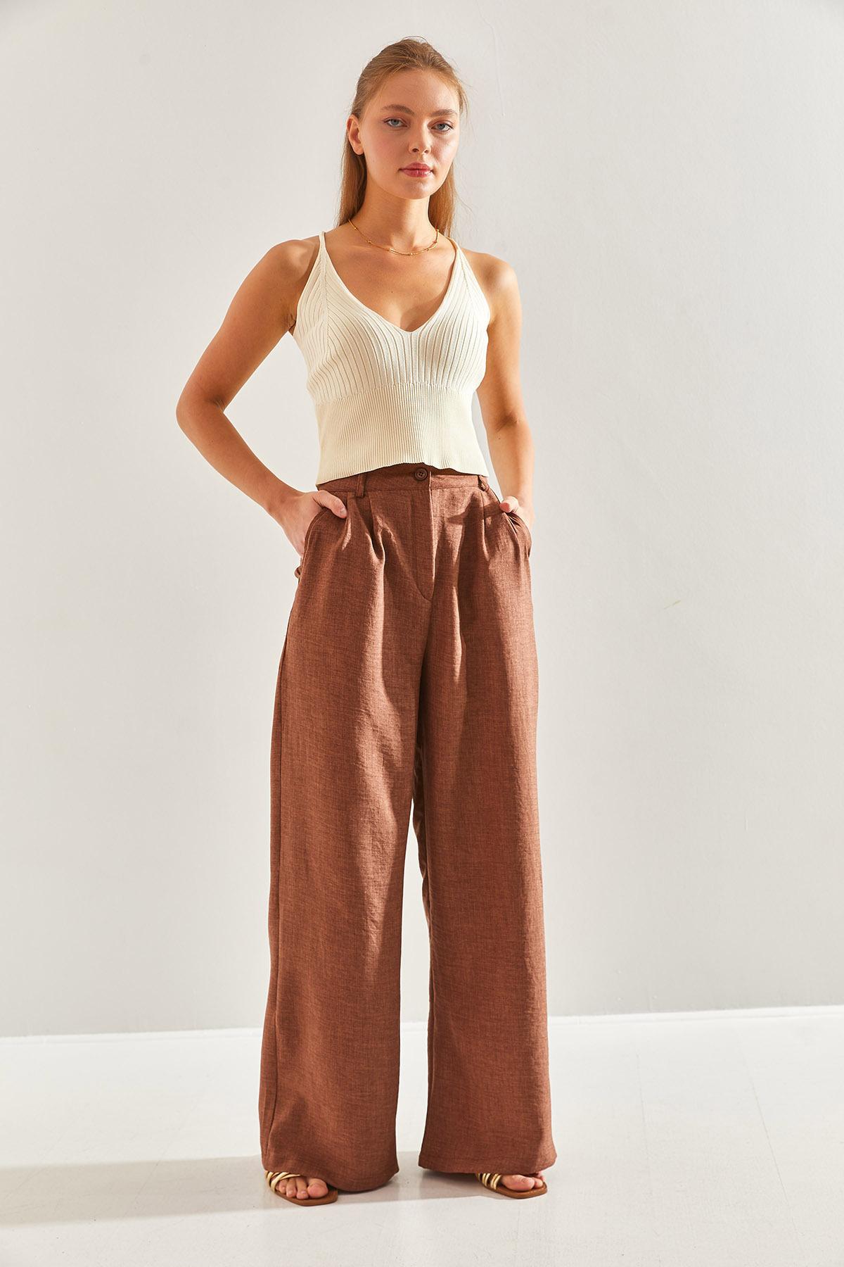 Bianco Lucci-Women's Linen Viscose Palazzo Trousers60171019 5