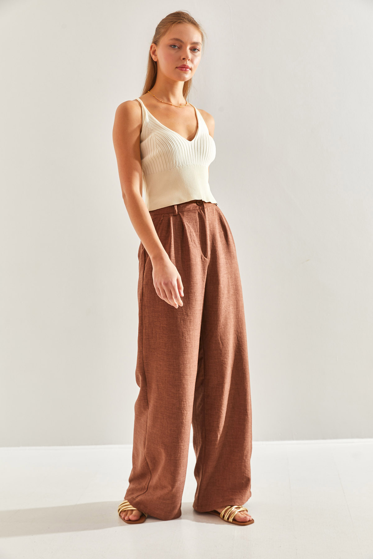 Bianco Lucci-Women's Linen Viscose Palazzo Trousers60171019 4